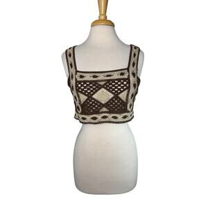 Crochet Boho Crop Top Brown & Cream Size Large Women’s SANS SOUCI Cotton Blend